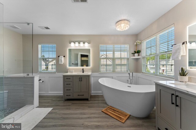 bathroom featuring visible vents, a sink, wood finished floors, and a healthy amount of sunlight