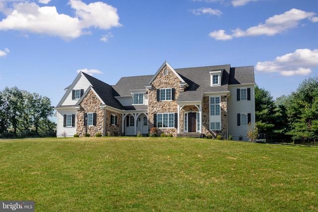 view of front facade featuring a front lawn and stone siding