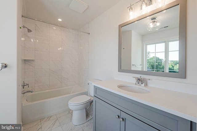 bathroom featuring vanity, marble finish floor, toilet, recessed lighting, and shower / washtub combination