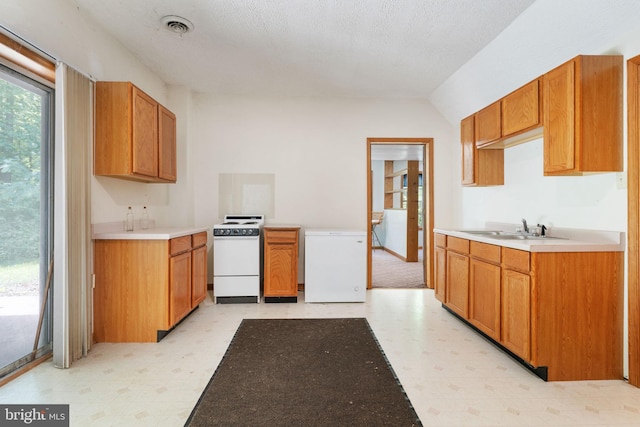13478 Spruce, King George, VA 22485 - kitchen with white electric range oven, light floors, fridge, a sink, and light countertops
