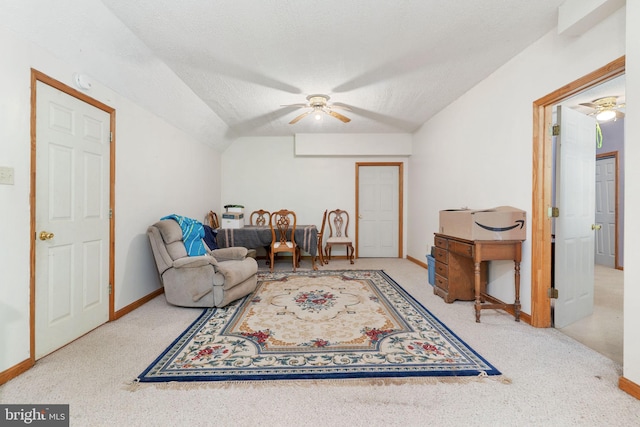 13478 Spruce, King George, VA 22485 - living area featuring ceiling fan, carpet flooring, baseboards, vaulted ceiling, and a textured ceiling