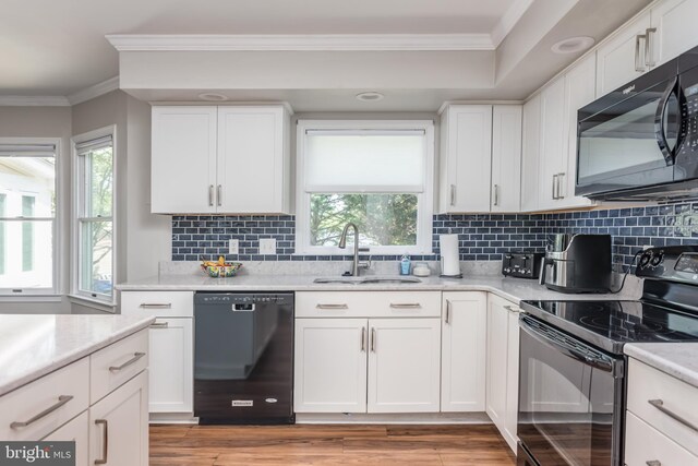 kitchen with a sink, crown molding, black appliances, and plenty of natural light