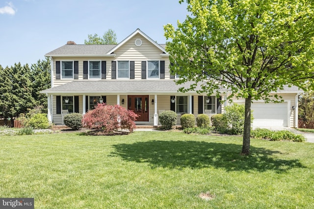view of front of property with an attached garage, a chimney, driveway, and a front yard