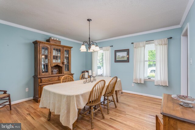 dining room featuring ornamental molding, light wood finished floors, and a chandelier