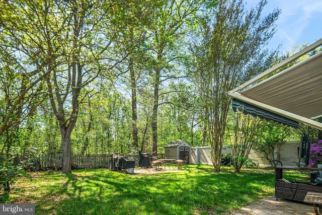 view of yard with a fire pit, fence, a patio area, a storage shed, and an outbuilding