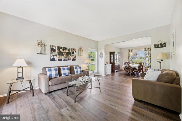 living area with baseboards, wood finished floors, and a wealth of natural light