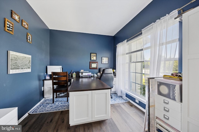 office area featuring baseboards and dark wood-style flooring