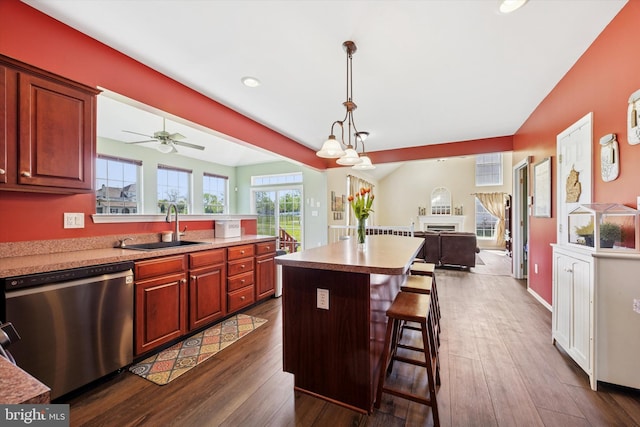 kitchen with a sink, stainless steel dishwasher, dark wood-style floors, and open floor plan