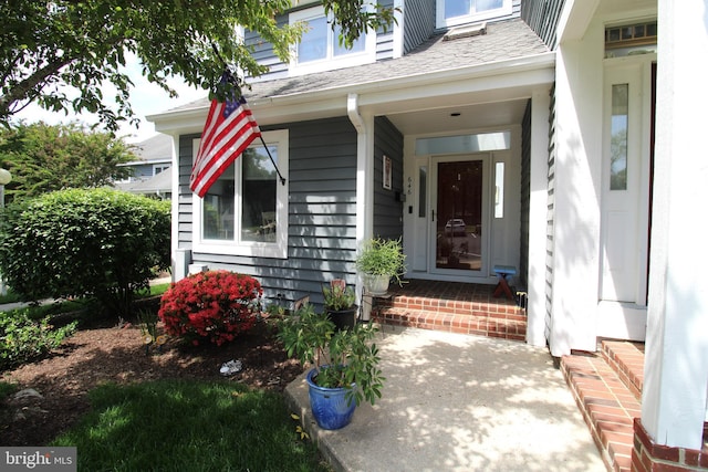 doorway to property featuring a shingled roof and a porch