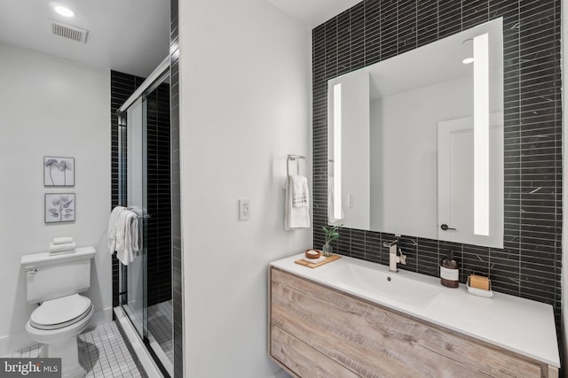 bathroom with visible vents, tile walls, tasteful backsplash, a shower stall, and toilet