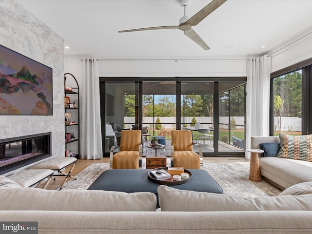 living room with a premium fireplace, a ceiling fan, and wood finished floors
