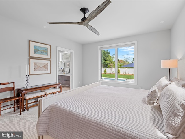 bedroom featuring carpet flooring and a ceiling fan