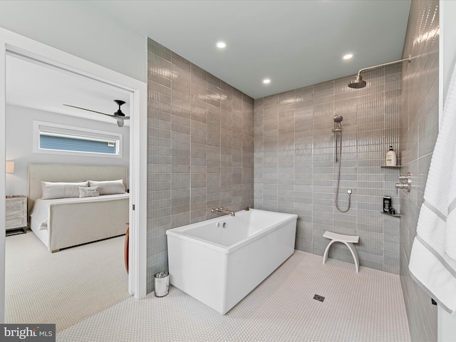 bathroom featuring recessed lighting, a ceiling fan, a tile shower, and a soaking tub