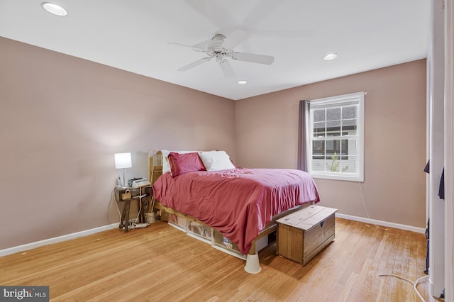 bedroom featuring baseboards, recessed lighting, light wood-style floors, and a ceiling fan