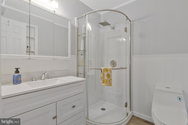 bathroom featuring vanity, a stall shower, and toilet