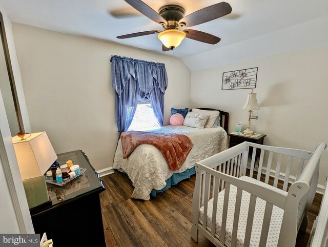460 Burmont Rd, Drexel Hill, PA 19026 - bedroom featuring a ceiling fan, vaulted ceiling, and dark wood finished floors