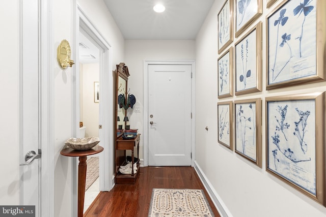 entryway with dark wood-style flooring