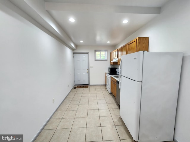 kitchen featuring white appliances, recessed lighting, brown cabinetry, and light tile patterned floors