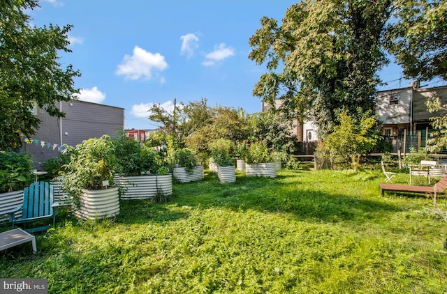 view of yard with fence and a garden