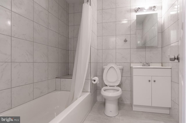 full bathroom featuring vanity, shower / bath combo with shower curtain, toilet, and tile walls