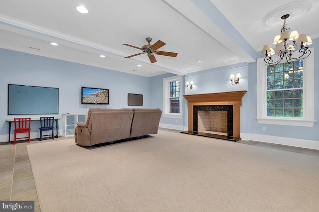 2812 Pheasant Ln, Clarksburg, MD 20871 - living room featuring a high end fireplace, a chandelier, ceiling fan, baseboards, and ornamental molding