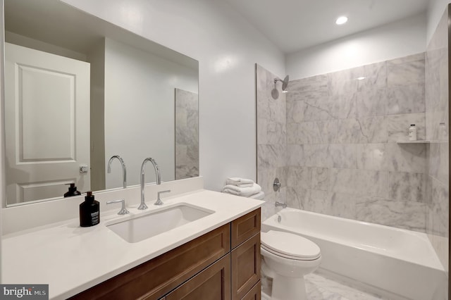 bathroom with vanity, marble finish floor, toilet, recessed lighting, and shower / bathing tub combination