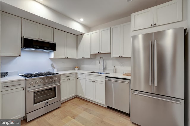 kitchen featuring light wood-type flooring, recessed lighting, light countertops, a sink, and appliances with stainless steel finishes