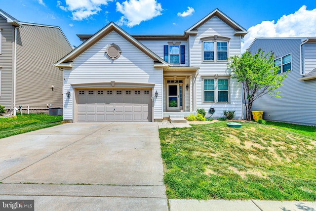 traditional home featuring concrete driveway, a front lawn, a garage, and central air condition unit