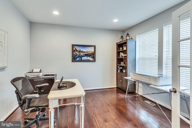 home office with dark wood-style flooring, baseboards, and recessed lighting