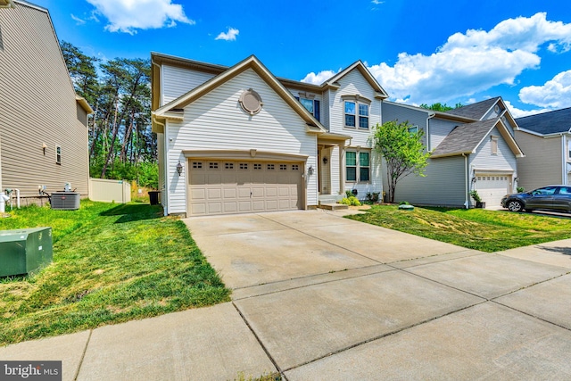 view of front of property featuring driveway, central AC unit, and a front lawn