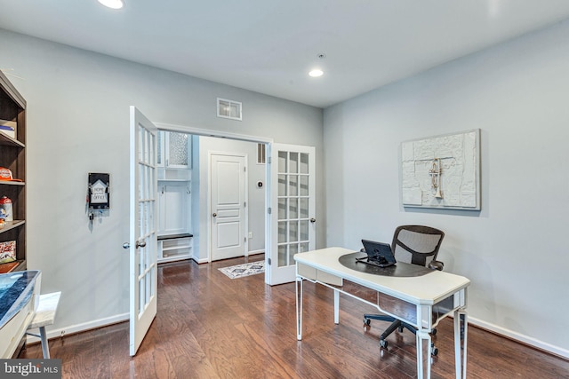 home office with french doors, wood finished floors, recessed lighting, and baseboards
