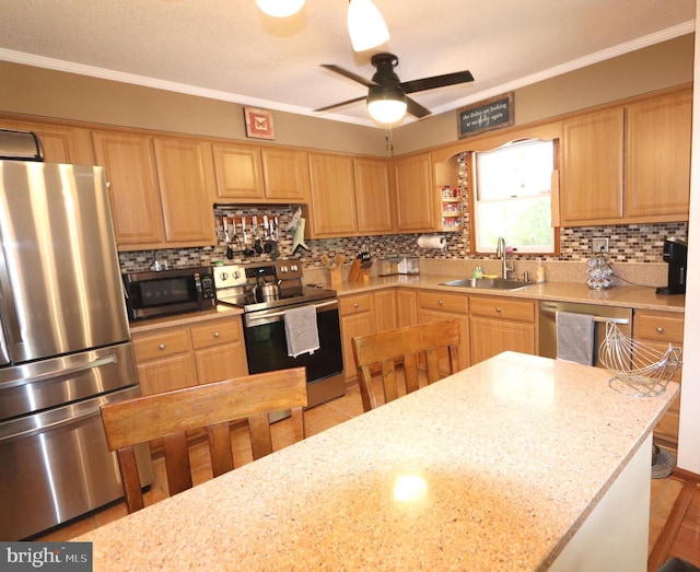 3901 Stoneybrook Rd, White Plains, MD 20695 - kitchen with backsplash, appliances with stainless steel finishes, a sink, light brown cabinets, and ornamental molding