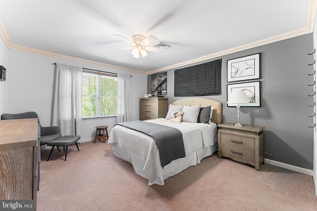 bedroom featuring light carpet, crown molding, baseboards, and ceiling fan