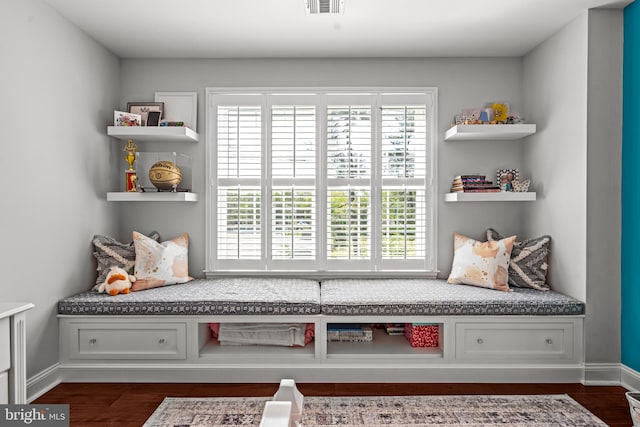 mudroom featuring healthy amount of natural light, dark wood-type flooring, and baseboards