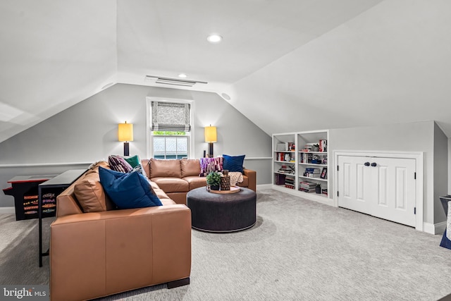 carpeted living room featuring vaulted ceiling, built in features, baseboards, and recessed lighting