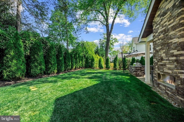 view of green lawn featuring exterior kitchen