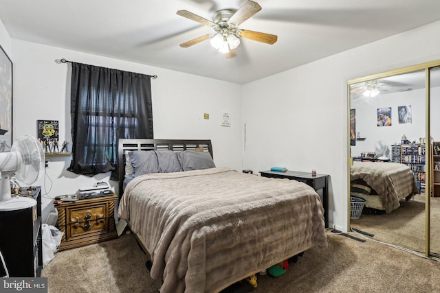bedroom featuring carpet, a closet, and ceiling fan