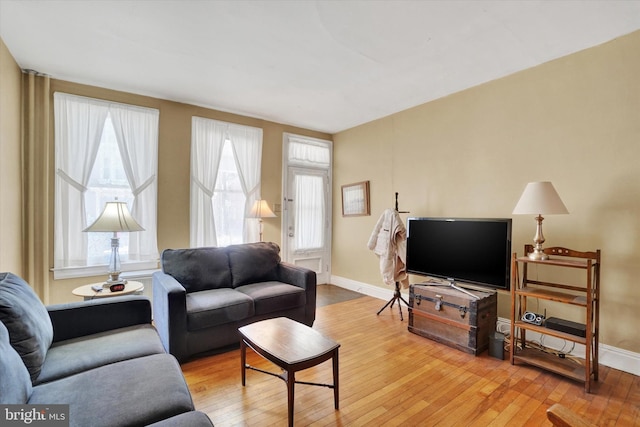 living area featuring baseboards and wood-type flooring