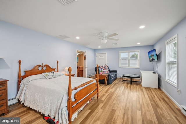 6 Swan Ln, Levittown, PA 19055 - bedroom featuring a baseboard radiator, light wood-style floors, recessed lighting, a baseboard heating unit, and a ceiling fan