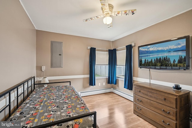 6 Swan Ln, Levittown, PA 19055 - bedroom featuring electric panel, wood finished floors, a ceiling fan, and a baseboard heating unit