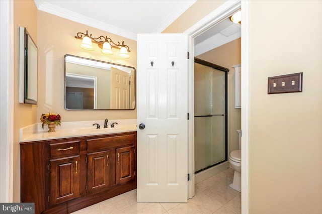 bathroom with tile patterned flooring, ornamental molding, a shower stall, and toilet