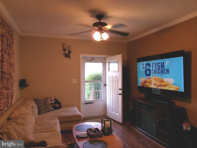 8807 Fearne Ave, Baltimore, MD 21234 - living room with crown molding, dark wood-style flooring, and ceiling fan