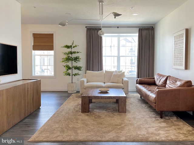 living room featuring baseboards, a healthy amount of sunlight, and dark wood-type flooring