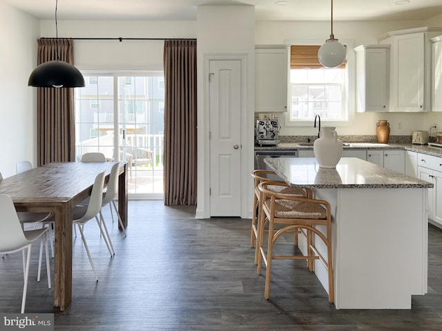 kitchen featuring a center island, light stone counters, a sink, dark wood finished floors, and hanging light fixtures
