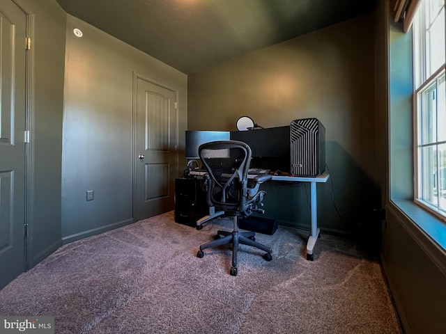 home office featuring carpet floors and baseboards