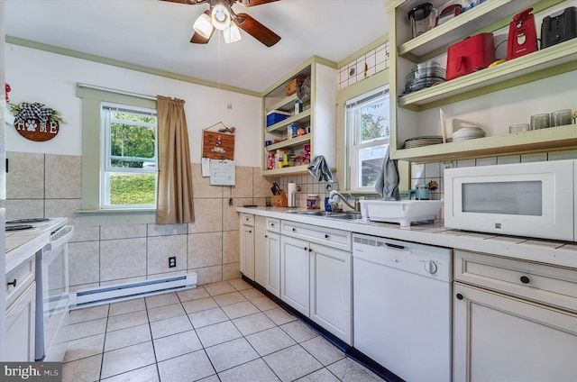 kitchen featuring tile walls, open shelves, a sink, a baseboard radiator, and white appliances