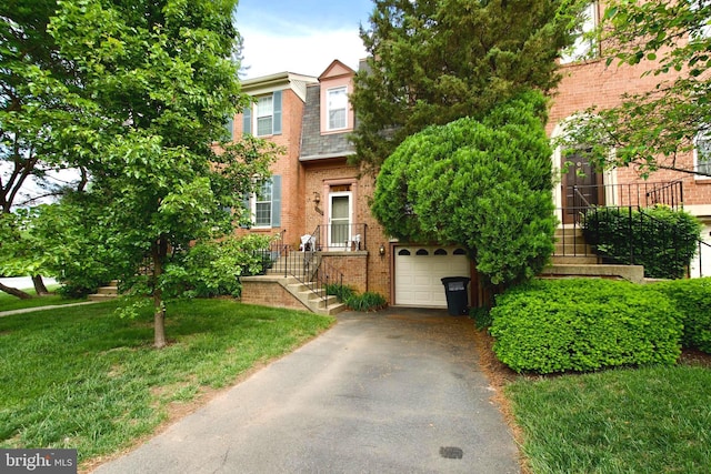 4024 Nicholas Ct, Fairfax, VA 22033 - view of front of home with brick siding, asphalt driveway, a garage, mansard roof, and a shingled roof