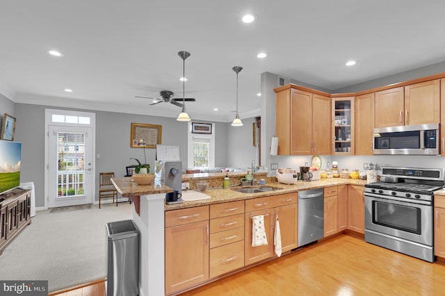20920 Houseman Ter, Ashburn, VA 20148 - kitchen featuring light stone countertops, a sink, a peninsula, light brown cabinets, and stainless steel appliances
