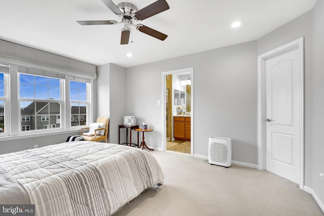 20920 Houseman Ter, Ashburn, VA 20148 - bedroom with baseboards, ensuite bathroom, recessed lighting, a ceiling fan, and carpet