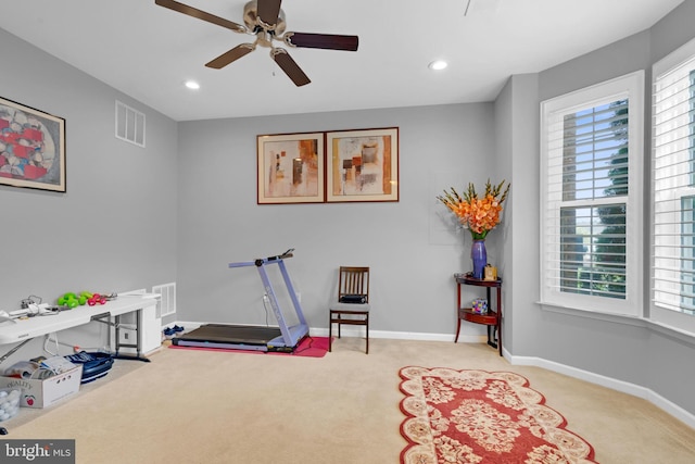 20920 Houseman Ter, Ashburn, VA 20148 - exercise room featuring baseboards, a ceiling fan, carpet flooring, and visible vents